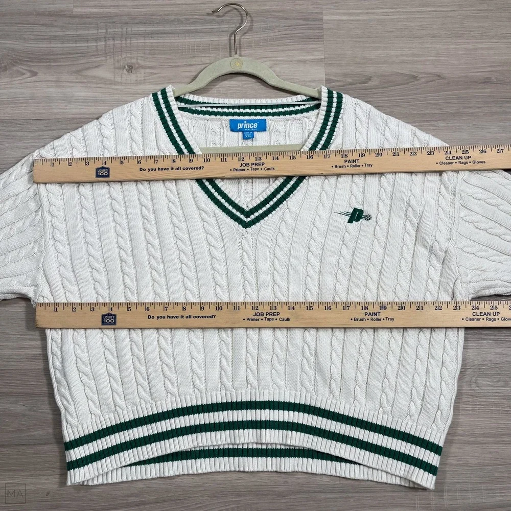 Prince Pickleball Womens Sweater Cable Knit Tennis Preppy V Neck XXL White/Green